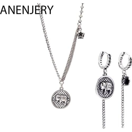 ANENJERY 925 Sterling Silver Elephant Round Disc Thai Silver Jewelry Sets Hoop Earring Necklace For Women Party Jewelry Set