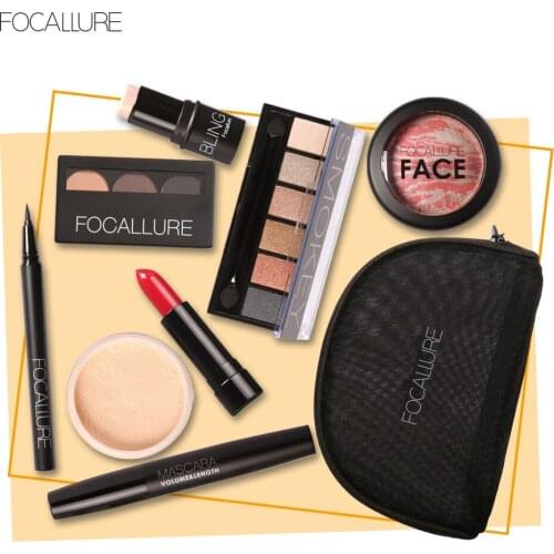 100% Original Focallure Brand Makeup 8 Pcs/Set Including Lipstick Eyeliner Mascara Eyeshadow Eyebrow Powder Blush Highlighter