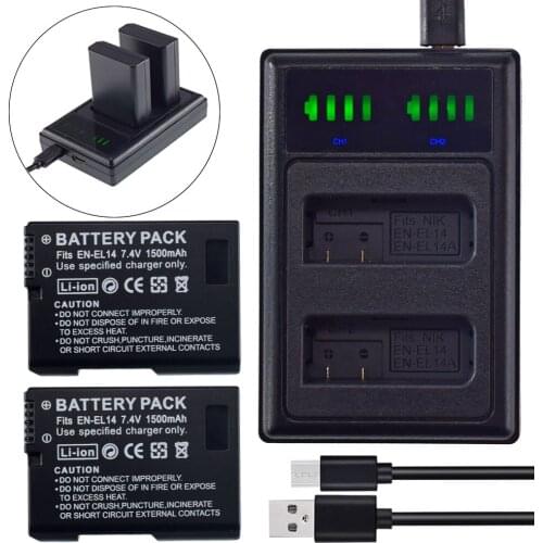 2 Battery + LCD USB Dual Charger for Nikon EN-EL14a MH-24 MH24 D5500 D5300 D5200 D5100 D3500