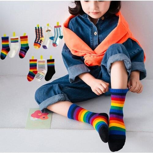 2020 Baby Stuff Kids Baby Girl Rainbow Socks Infant Newborn Toddler Boys Girls Middle Socks Bebes Fashion Print Cotton Socks