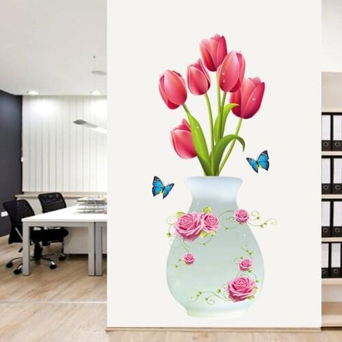 3D Tulip Vase Wall Stickers Flowers Room Decor Removable Art Mural Decals Living Room Entrance Wall Decoration
