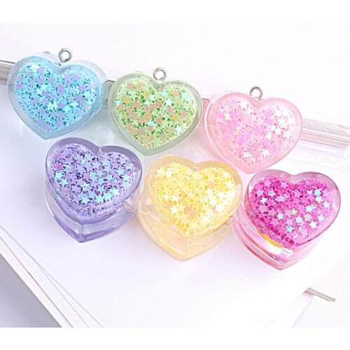 6Pcs Korean Trend Sequins Quicksand Heart Resin Charms Cute Pendants Earrings Necklace Keychain DIY Jewelry Finding Accessories