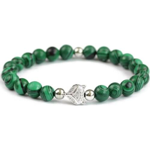 FYJS Unique Silver Plated Zircon Round Beads Malachite Stone Elastic Bracelet Fashion Jewelry