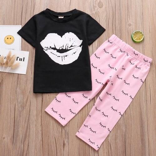 Girl Sets Summer Print Lip Short-Sleeve T-Shirt+Eyelash Pants Two Piece Suits For a Baby Girl Outfits Kids Clothes