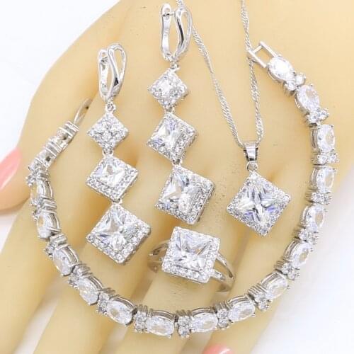 Geometric White Zircon 925 Silver Jewelry Sets For Women Bridal Bracelet Earrings Necklace Pendant Ring Birthday Gift