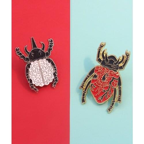 Red heart Dynastes Hercules Enamel pins white brain Rhinoceros beetle Brooches gifts for friends who like beetle fighting badge