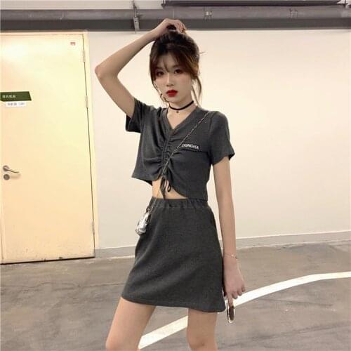 Drawstring Summer Dresses Set KPOP Sexy Tops 2 Piece Set Women Split 2021 Solid Exposed Navel Short Sets New Two Piece Set Skirt