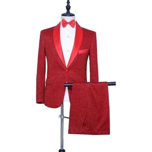 Mens Red Tuxedo Slim Fit Fashion Groom Suit Jacket Pants Singer Drummer Host Party Prom Stage Costume Night Club Suits