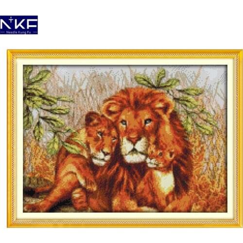 NKF A Lion Family Cross Stitch Sets Handmade Craft Painting Needlework Embroidery Kit Animal Cross Stitch Pattern for Home Decor