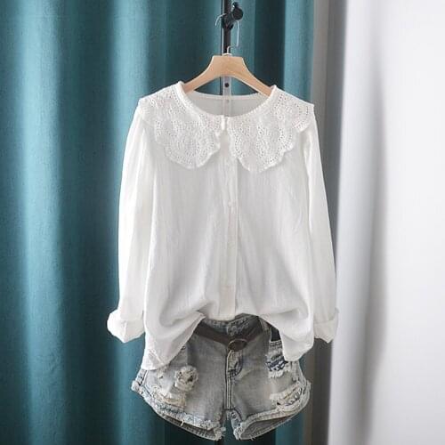 Lamtrip Solid White Hook Peter Pan Collar Kawaii Long Sleeve Shirt Basic Blouse