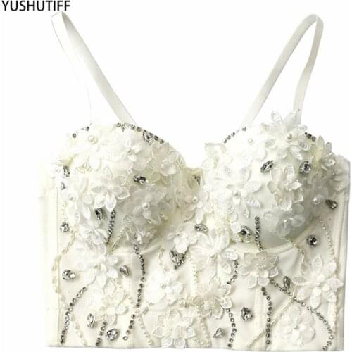 Sexy Beaded Rhinestone Women Cropped Top Night Club Party Corset Crop Top To Wear Out Push Up Bustier Camis Built in Bra 8162