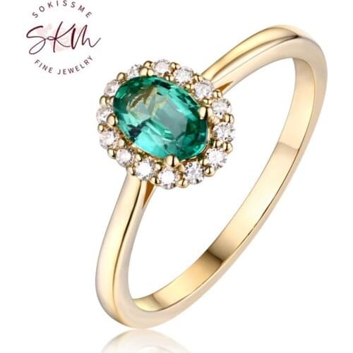 SKM Emerald engagement ring Diamond wedding band Vintage Women Antique Oval cut Bridal set Delicate Promise Anniversary