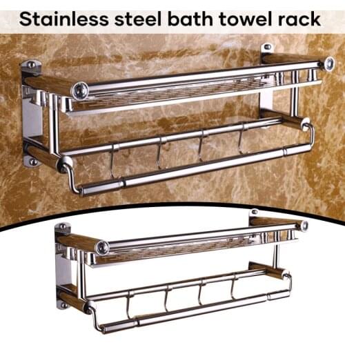 Punch-free Stainless Steel Bathroom Towel Rack Multifunctional Cloth Holder with Hooks Hanging Gadget for Home E7