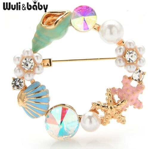 Wuli&baby Pearl Shell Sea Style Brooches For Women Beauty Circle Brooch Pins New Year Gifts