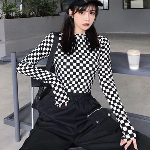 Female Tshirt Spring Autumn Korean Top Slim Elastic Camiseta Base Long Sleeve Black White Plaid Xl Vetements Femmes