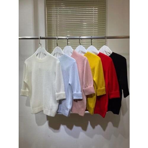 2021 Knit T-shirt Woman O-Neck Half Sleeves Spring Summer Tees Cashmere Solid Knitwear Korean Casual Office Lady Jumper