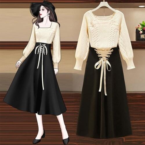 Two Piece Set Women French Elegant Suit Female Vintage Square Collar Knitted Sweater Bow Lace-Up Skirt 2021 Winter Outfits