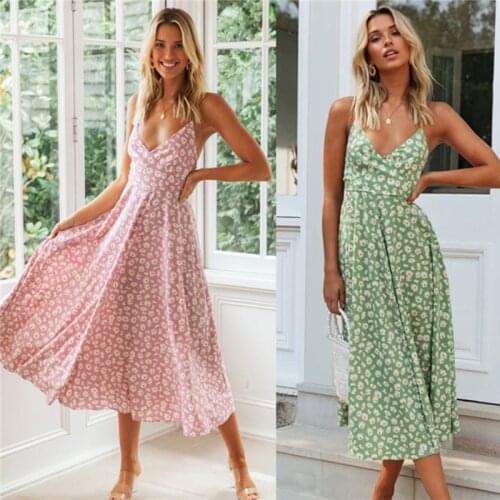 Summer Fashion Sexy Spaghetti Strap Boho Dress Women Sleeveless Floral V-Neck Backless Bow Casual Beach Party Dresses Robe Femme