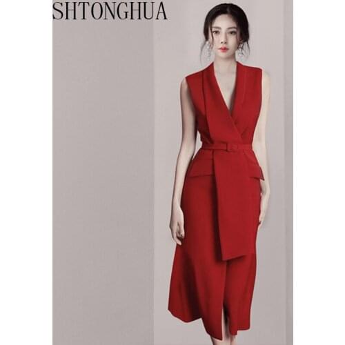 High Quality Spring Womens Vintage Vest Red Blazer Dress Ladies Sexy V-Neck Sleeveless Tank Elegant Office Party Long Dresses