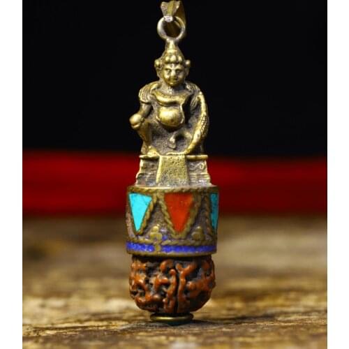 3" Tibet Buddhism Old Bronze Gem Walnut shells Old Scripture Yellow God of Wealth Pendant Ward off evil spirits Exorcism