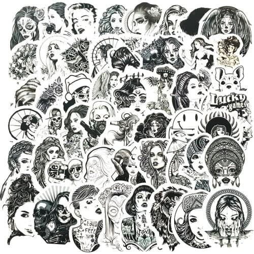 50Pcs/Lot Sexy Beauty Tattoo Girls Stickers Black White Decal For Laptop Motorcycle Skateboard Luggage Styling Decal Toy Sticker