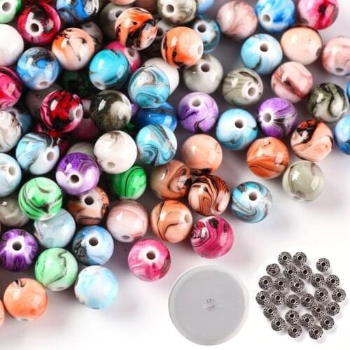 500Pcs Acrylic Beads for Jewelry Making Loose Beads in Ink Patterns with 50Pcs Spacer Beads and Crystal String