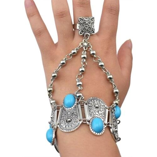 Bohemian color Coin Charm Slave Bracelets&Bangles For Women Blue Gem Finger Bracelet Gypsy Ethnic Tribal Jewelry Turkish