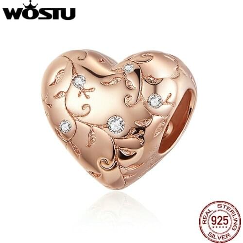 WOSTU 925 Sterling Silver Flower Retro Patterns Heart Beads Rose Gold Charm Fit Original Bracelet Pendant DIY Jewelry BKC1323-C