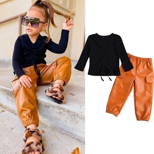 FOCUSNORM 2-8Y Fashion Kids Girls Clothes Sets Solid Long Sleeve V Neck Knit Sweater Tops PU Leather Pants 2pcs