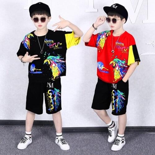 For 4 6 8 10 12 14 Yrs Teen Boys Hip Hop Costumes Black Red Sport Print T Shirt Shorts Girls Summer Clothes Set Cotton Outfits