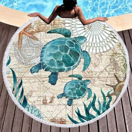 Marine Style Sea Turtle Printed Round Beach Towels Microfiber Made Sea Life Style Beach Towel with Tassle Around