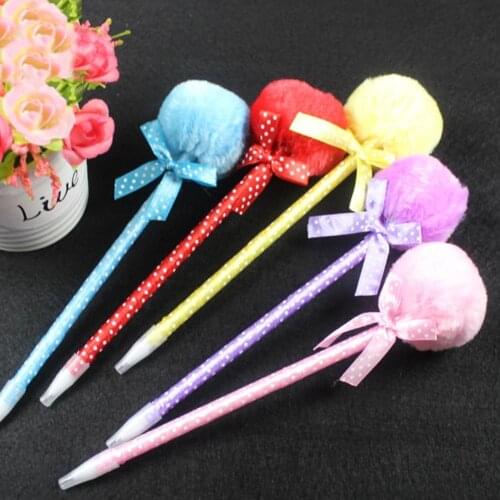 Cute Plush Faux Fur Pom Pom Bowknot Polka Dot Ballpoint Pen Student Stationery