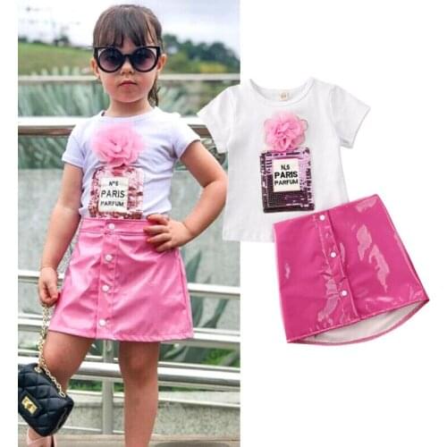 PUDCOCO Fashion Toddler kids Baby Girl 3D Flower Tops T-Shirt Leather Skirt Outfits Clothes 1-5Y