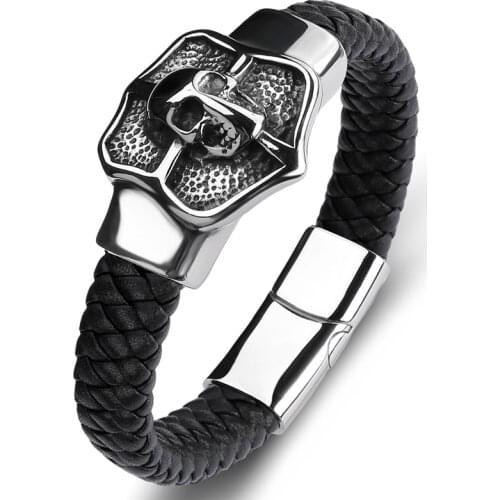 Fashion Men Bracelets Unique Stainless Steel Skull Leather Bangles Punk Hip Hop Jewelry Braided Wristband Male Boys Gifts P121