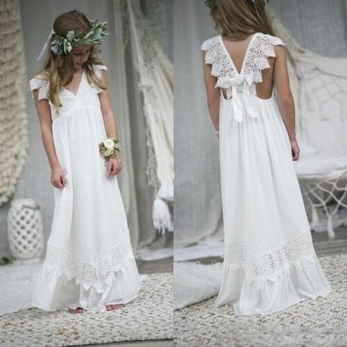 Beach Boho Flower Girl Dresses for Wedding Chiffon Lace Customized Communion Party Gowns V Neck Kid Formal Dresses
