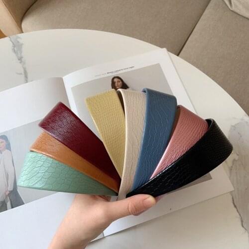 Spring PU Leather Solid Colorful Hairbands for Women Big Size Wide Korean Bedazzled Headband Fashion Crackle Hair Accessories