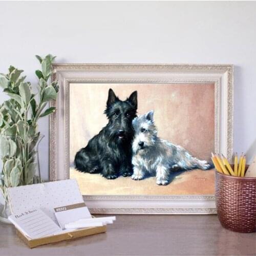 CUTEST B & W Scottie Dogs Vintage Poster Watercolor Dog Art Painting Illustration Canvas Print Scottish Terriers Dogs Picture