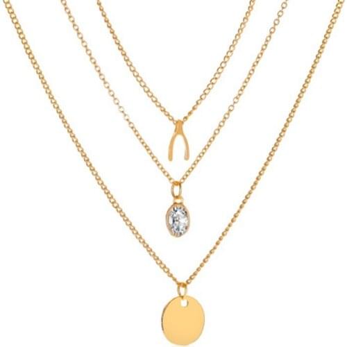 Three Layer Necklace New Zircon Disc Multilayer Necklace for Women Jewelry Vintage Long Necklaces & Pendants Jewellery