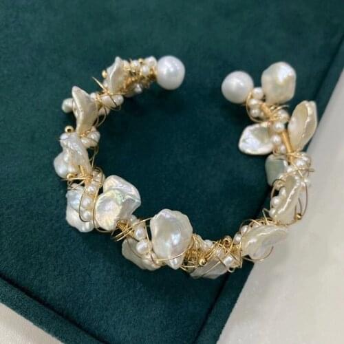 Bohemia oversize gold bangle baroque shape natural real pearl gold women fashion bracelet can customize length wedding gift
