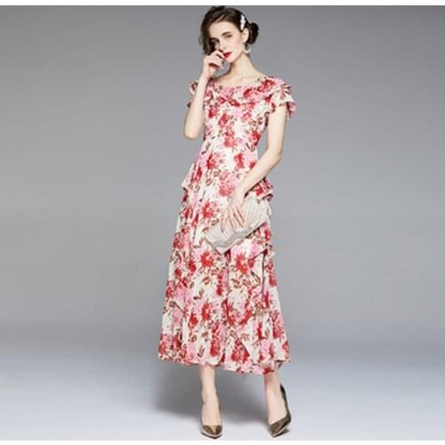 ZAWFL New 2021 Runway Hydrangea Floral Fall Dress Women Flower Print Diamond Buttons Pleated Chiffon Dresses