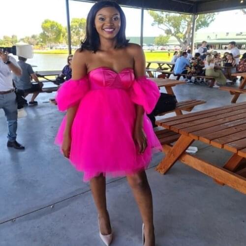 Fuchsia Hot Pink Short Tulle Dresses off The Shoulder Short Sleeve Sweet Girls Btithday Dress For Photo Shoot Tutu Women Gowns
