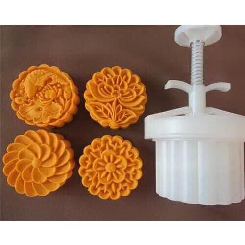 83g Chinese round shape flower design Mooncake mung bean cake Molds mould with 4 Stamps plastic hand pressure , 50sets/lot