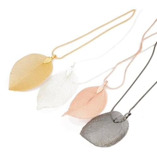 Come on lady 4PCS/Set Fashion Natural Real Leaves Leaf Pendant Necklace Long Sweater Snake Chain For Women Jewelry Nc330