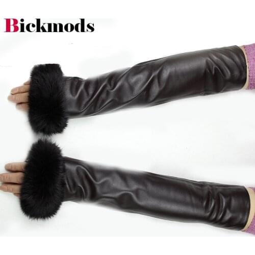 Sheepskin gloves 40 cm long arm sleeve womens fashion rabbit fur cuff velvet lining warm female leather gloves free shipping