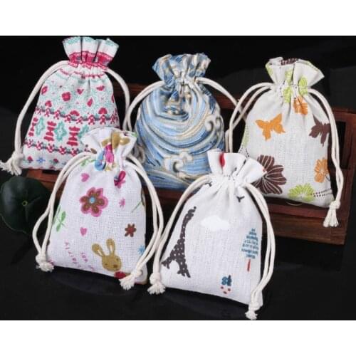 9x12cm Cotton Bags for Gift Cloth Bags Drawstring Printing Multicolor Vintage Sack Burlap Gift Bag Wedding Party Pouch Jute Bag