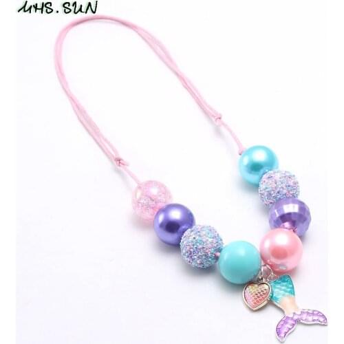 MHS.SUN Girls Kids Adjustable Rope Necklace Cute Mermaid Tail Pendant Chunky Beads Necklace For Child Baby Handmade Jewelry 1pc