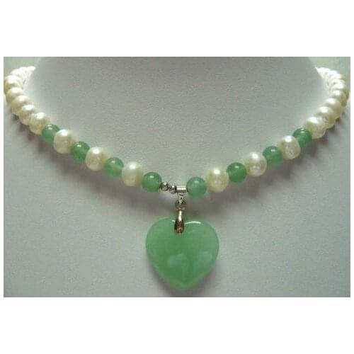 Trendy mixed white pearl light green Natural jade necklace +heart pendant
