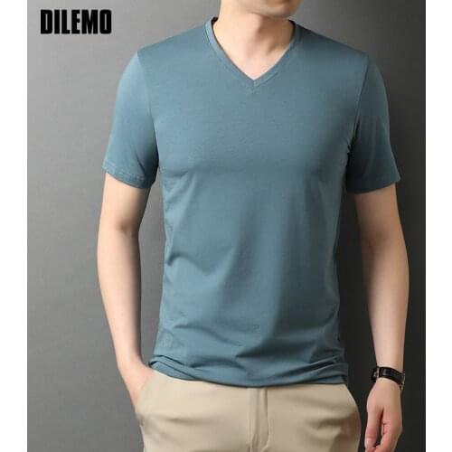New Summer Brand Tops t Shirt Men 95% Cotton 5% Spandex V Neck Plain Solid Color Short Sleeve Casual Fashion Men Clothes 2021