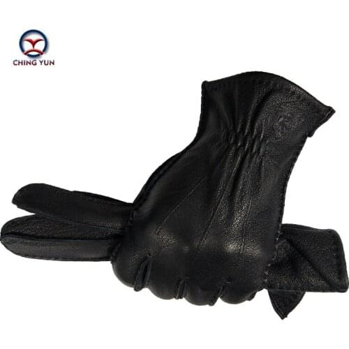 CHING YUN deer skin mens winter hand-stitched mens deerskin gloves warm soft mens black corrugated gloves 70% wool lining