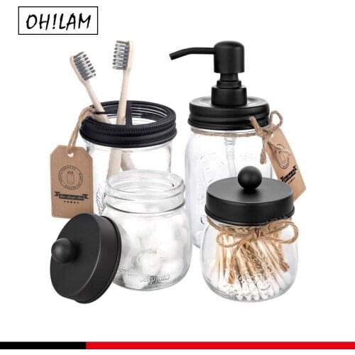 Glass Farmhouse Bathroom Accessories Sets 4PCS - Includes Hand Soap Dispenser & 2 Apothecary Jars & Toothbrush Holder & Tumbler